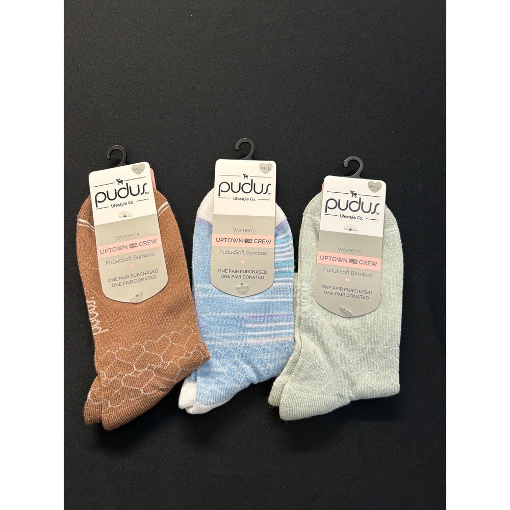 Pudus Uptown 1/4 Crew Socks Lot 3 Pack M/L 9-11 Bamboo Knit Hearts Striped NWT